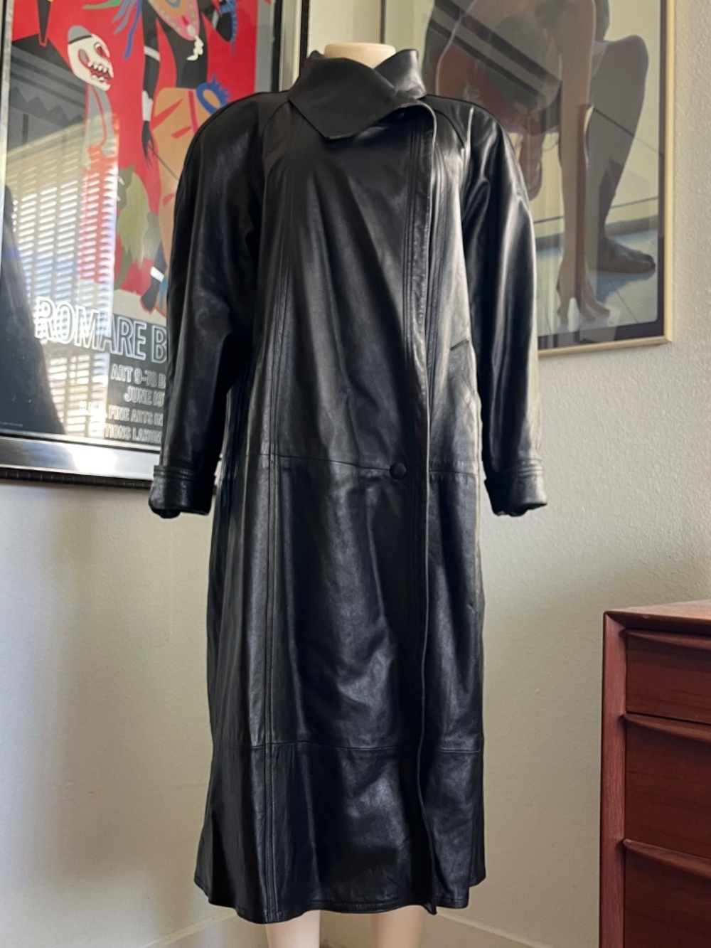 Vintage 1980s Black Leather Trench Coat by Wilsons Leathers. Size S